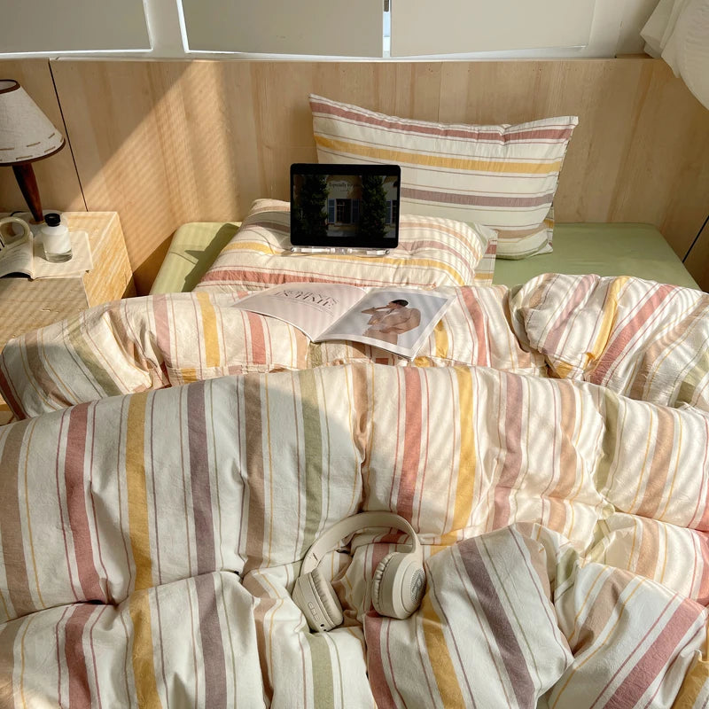 Juego de cama suave de algodón 100%, funda nórdica con estampado de rayas y funda de almohada, ropa de cama, colcha, fundas de almohada, juegos de edredón