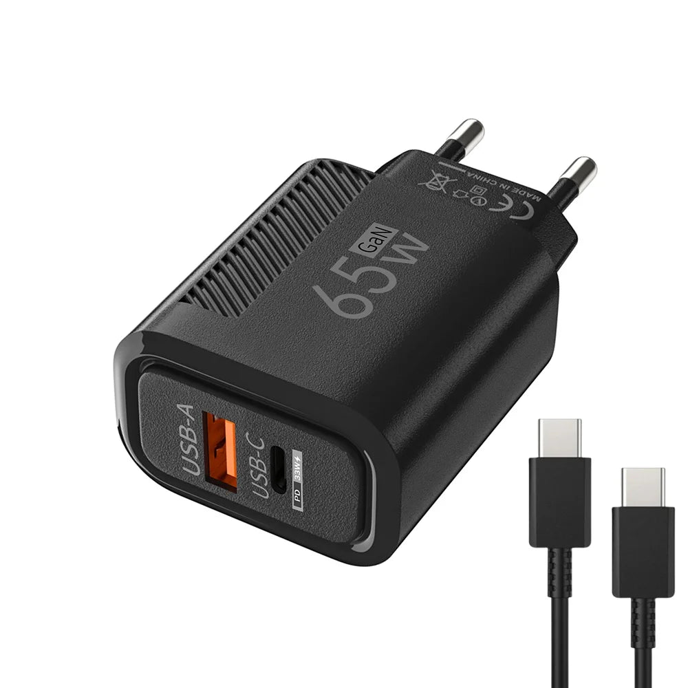 Cargador de USB-C de 65W GaN, Cable PD tipo C de carga rápida, adaptador de teléfono móvil para iPhone 16, Xiaomi, Samsung, Xiaomi, QC 3,0, cargador de pared