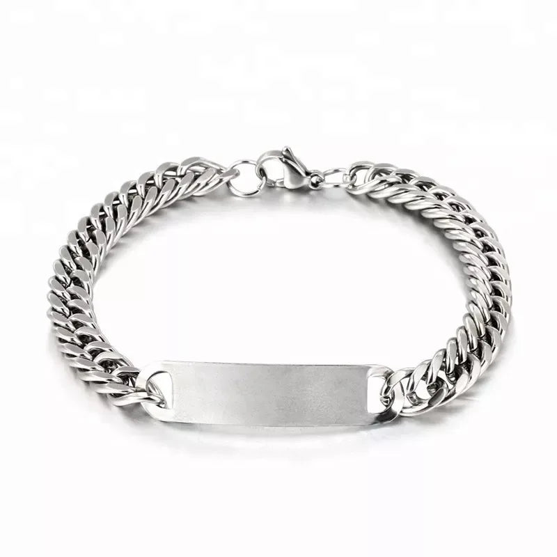 Pulseras Punk de acero inoxidable con texto grabado y logotipo personalizado para hombre, cadena cubana para mujer, pulsera de identificación, triangulación de envíos