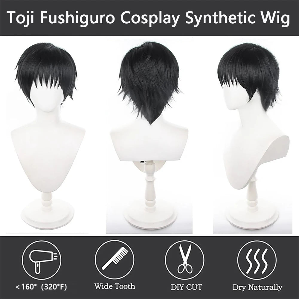 Peluca de Cosplay de Fushiguro Toji, Jujutsu Kaisen, peluca corta negra y esponjosa para hombre, pelo Universal de Anime resistente al calor para Halloween Comic Con