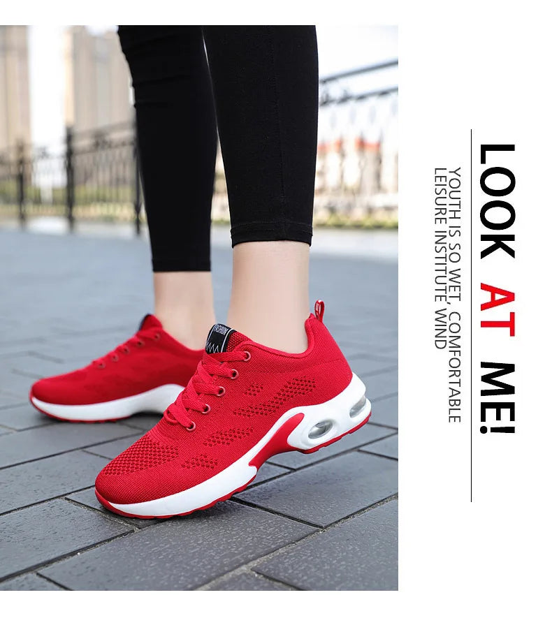 Zapatos deportivos transpirables con amortiguación de aire para mujer, zapatillas informales con cordones cruzados y tacón plano con punta redonda de estilo coreano