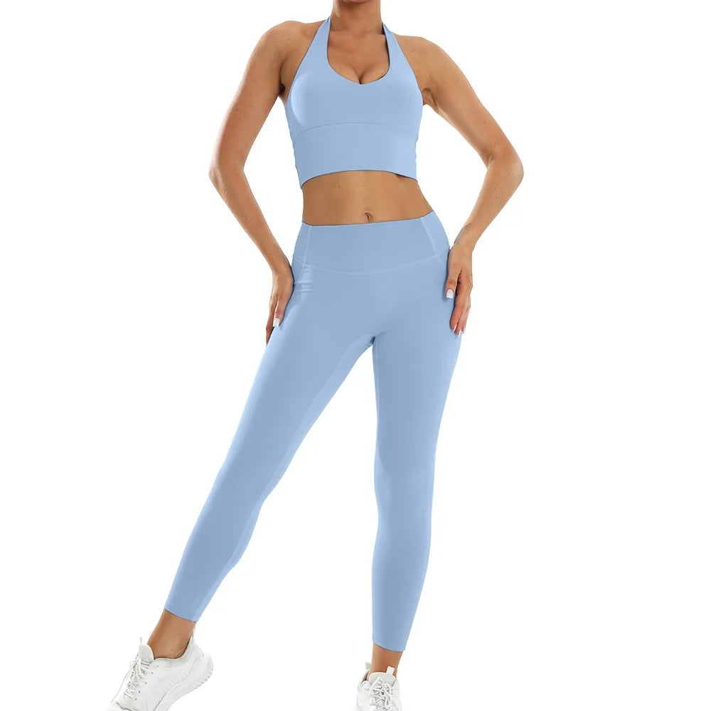 Conjunto de Yoga de 2 piezas para mujer, ropa deportiva de entrenamiento, ropa de gimnasio, Top corto de manga corta, mallas de cintura alta, trajes deportivos