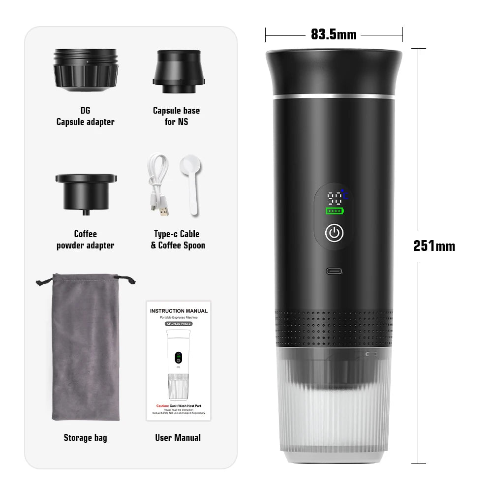 Cafetera Espresso portátil eléctrica inalámbrica para coche y hogar, cafetera para acampar, cafetera de viaje en polvo con cápsula 3 en 1