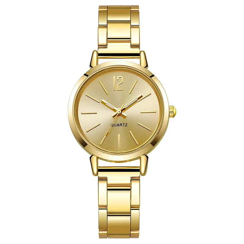 Reloj de lujo para Mujer, esfera redonda Simple, pulsera de oro de moda inoxidable, Reloj de pulsera de cuarzo, relojes para estudiantes y Mujer