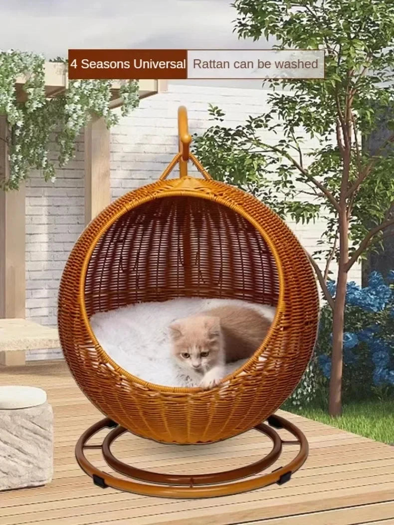 Hamaca semicerrada para mascotas, jaula redonda colgante para gatos, cesta de ratán para verano