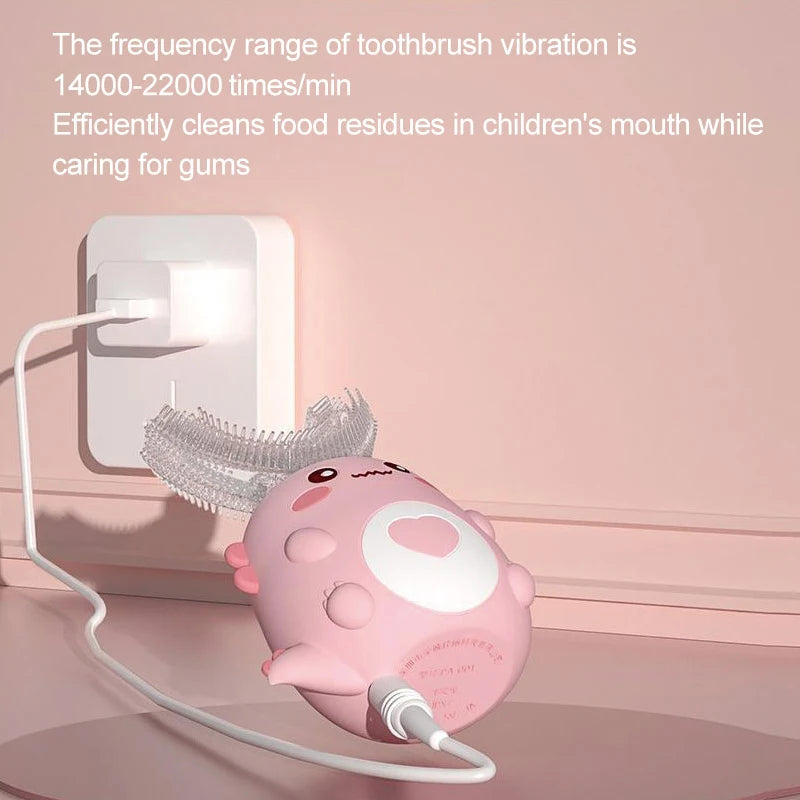 Cepillo de dientes eléctrico en forma de U para niños, cepillo de dientes sónico recargable automático de 360 grados con dibujos animados inteligentes para niños