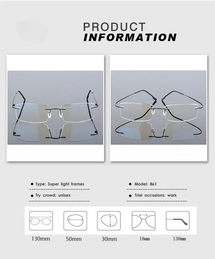 Gafas para miopía sin marco para hombre y mujer, lentes superelásticas con revestimiento verde, montura ultraligera, sin montura, 1,0-1,5-2,0 To-5,5