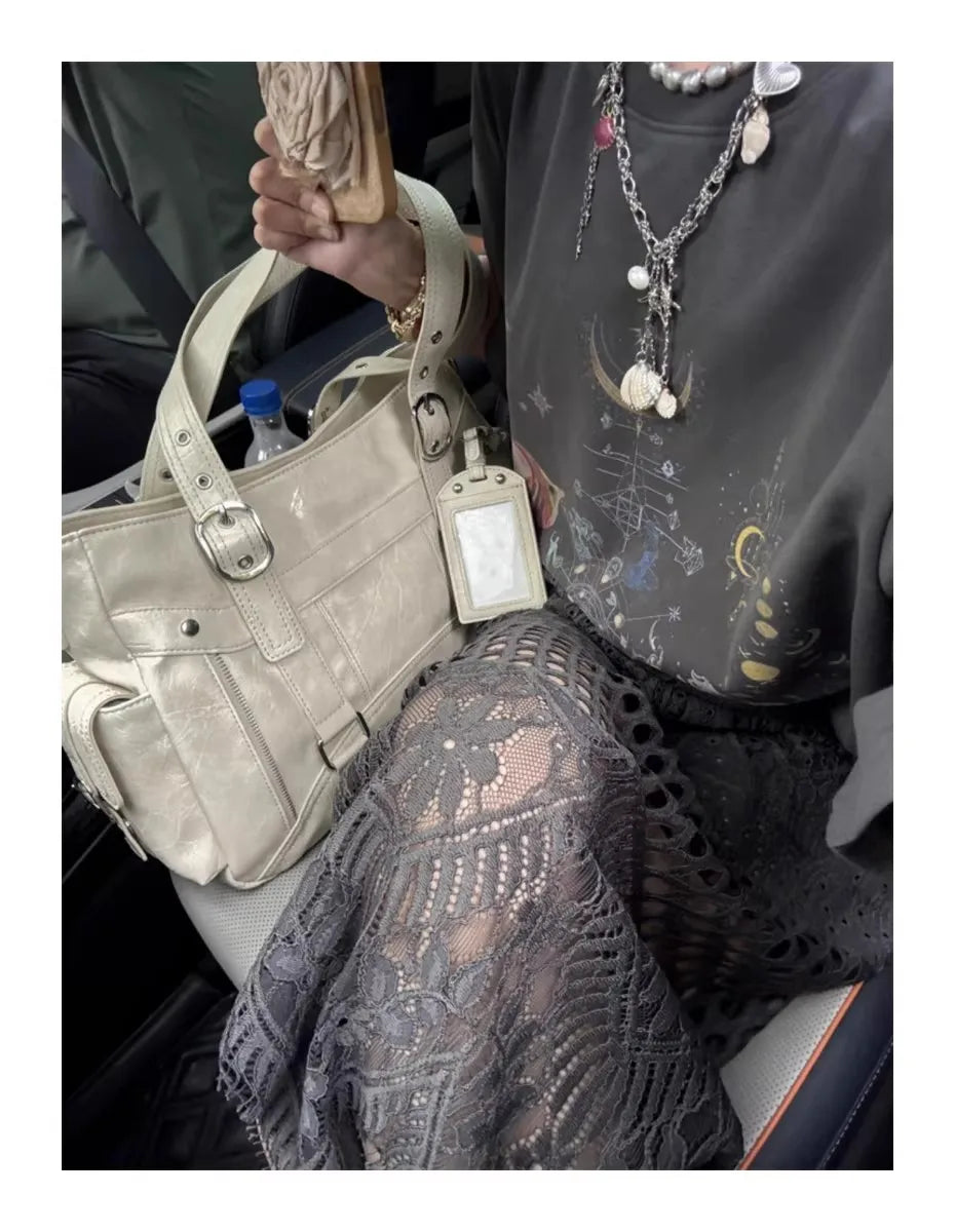 Bolso de mano con tachuelas Vintage para chica, bolso de hombro de gran capacidad con textura de cuero para mujer, bolso cruzado de viaje de estética Y2k