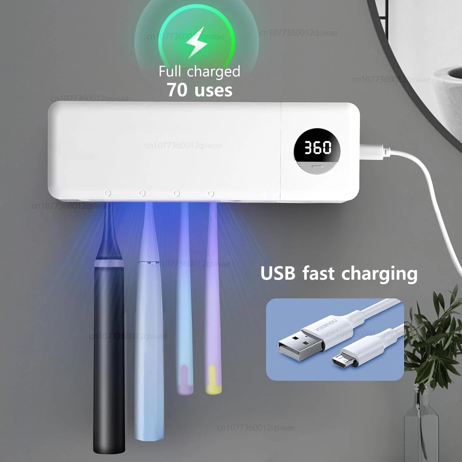 Esterilizador de cepillo de dientes eléctrico esterilización de cepillo de dientes UV con 4 ranuras recargable montado en la pared para soporte de cepillo de dientes de baño
