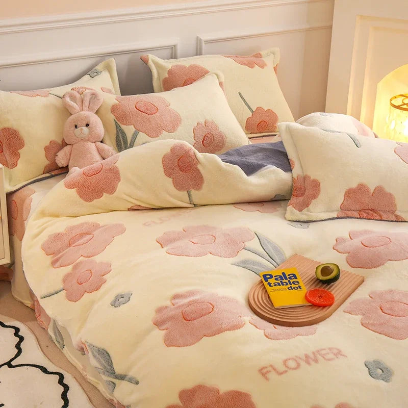 Funda nórdica de lana gruesa y cálida de franela Coral para invierno, juego de cama de terciopelo de doble cara, funda de edredón individual doble Queen King Size
