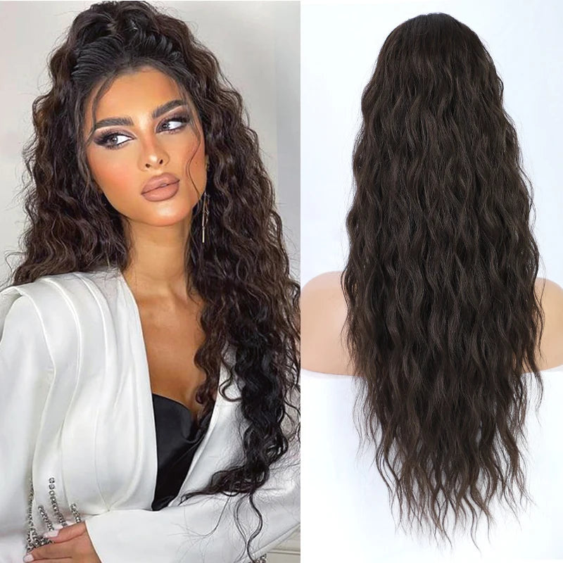 Extensión de cabello de cola de caballo ondulada y rizada larga para mujer, postizos de cola de caballo con cordón, cola de caballo falsa sintética, negro, Rubio y rojo