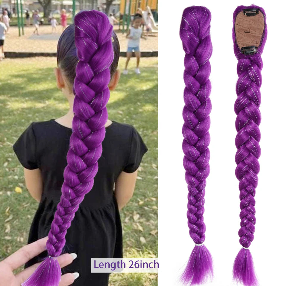 Cola de Caballo de pelo morado trenzado sintético, disfraz de Rumi, cola de caballo larga con banda de goma y Clips para niños y niñas, Navidad