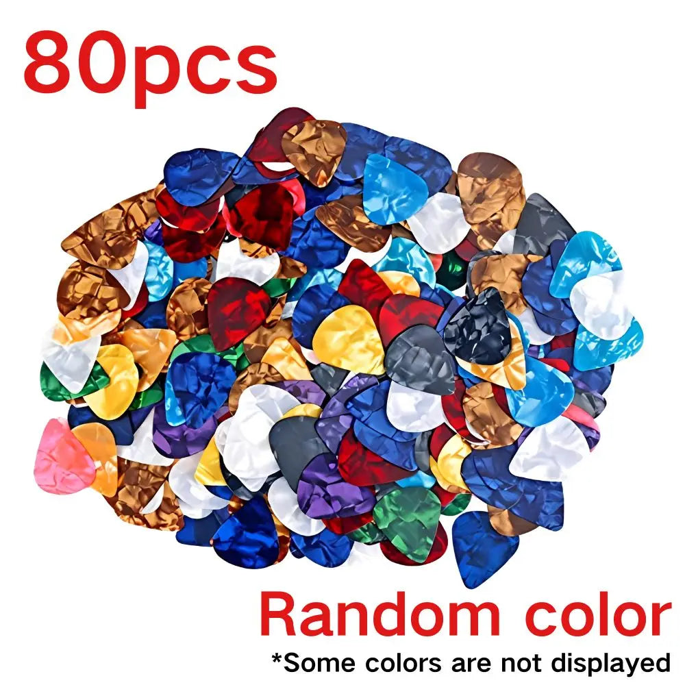 80 púas de guitarra de celuloide perlado, púas de instrumentos de cuerda de superficie lisa y flexible de colores aleatorios para guitarra acústica, guitarra eléctrica, bajo, mandolina, ukelele, accesorio de práctica ide
