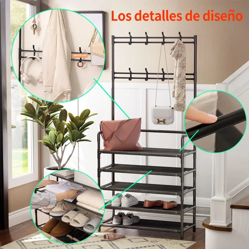 Iruibo Zapatero Metálico de 5 Niveles con Perchero, Estante Organizador de Zapatos y Ropa, Ahorro de Espacio para Entrada, Dormitorio o Pasillo