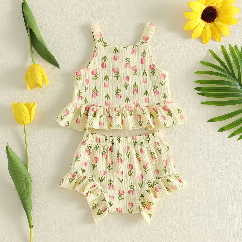 Lioraitiin Conjunto de verano para niñas con estampado floral de tulipanes, sin mangas, cuello cuadrado, camisetas sin mangas, pantalones cortos elásticos con volantes, conjunto de 2 piezas