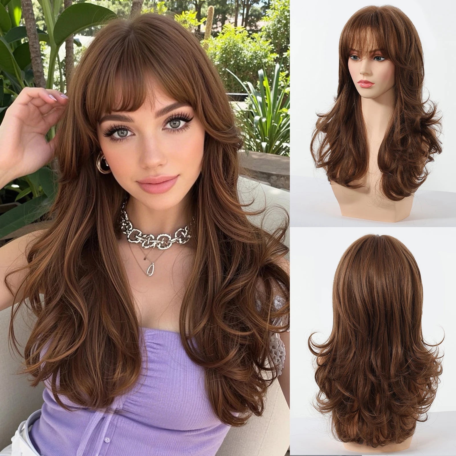 Pelucas Allbell Magique de largo ondulado en capas, pelo marrón miel con flequillo lateral para mujeres, pelucas sintéticas naturales resistentes al calor para uso diario