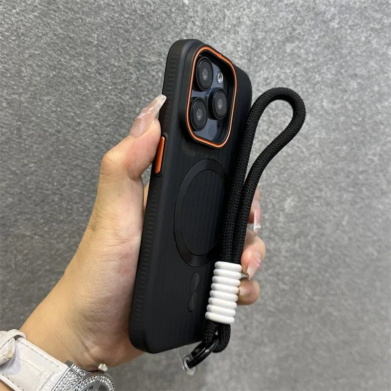 Funda Magnética Delgada Mate con Rayas para iPhone 16 15 ProMax 14 13 12 Pro Max 16 Plus, Antigolpes, Compatible con Magsafe, con Cordón
