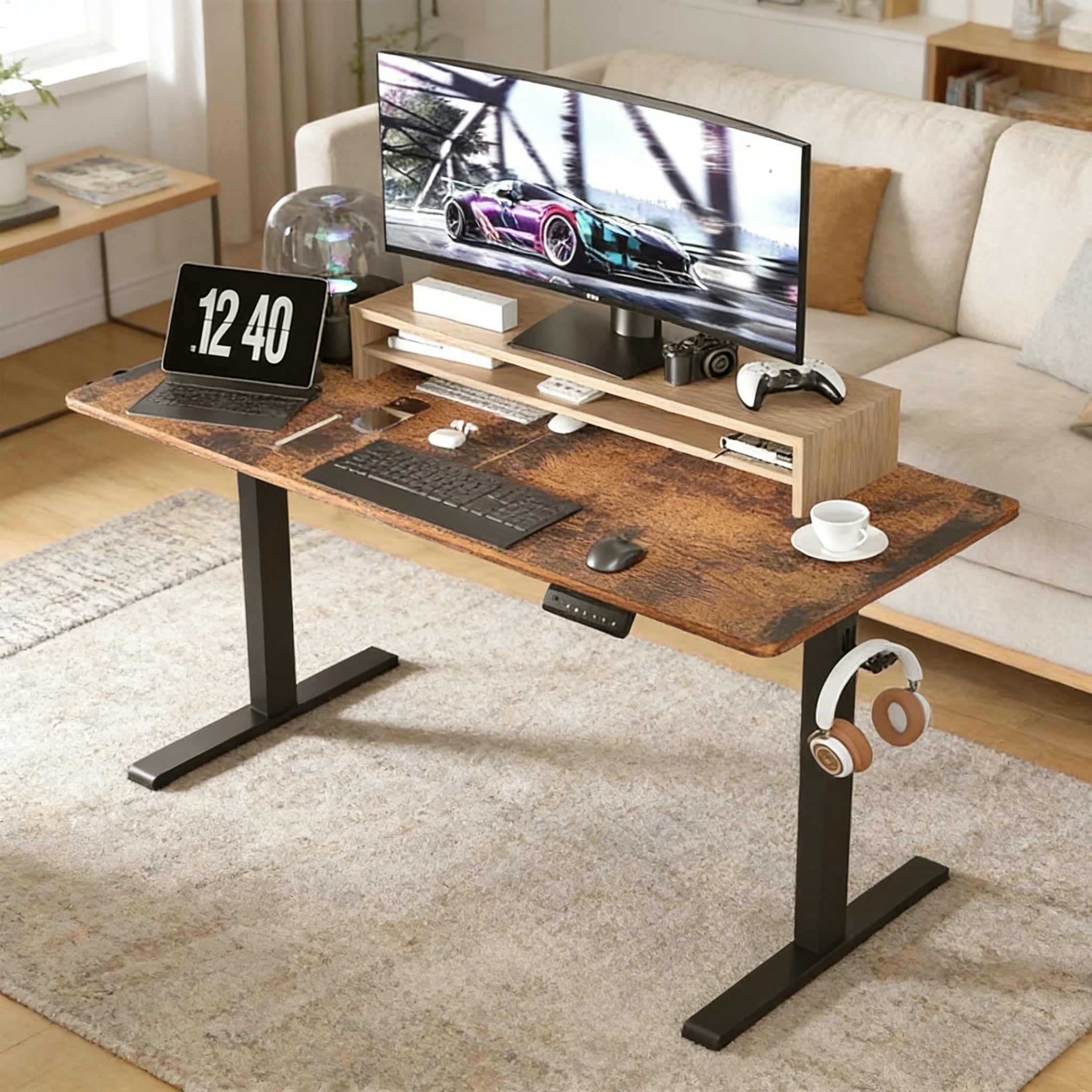 Escritorios de ordenador ajustables en altura, mesa de ordenador de pie, estación de trabajo de elevación moderna, gancho para auriculares, escritorio para juegos, escritorios de oficina en casa