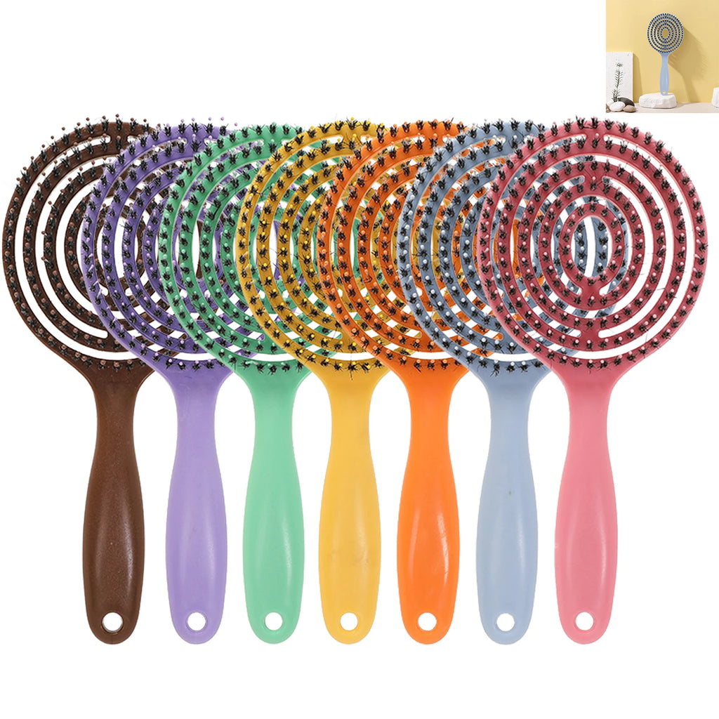 Cepillo de pelo de cerdas naturales de jabalí para desenredar y peinar, herramientas para mujeres con cabello largo, masaje del cuero cabelludo, color marrón, mango ergonómico ligero