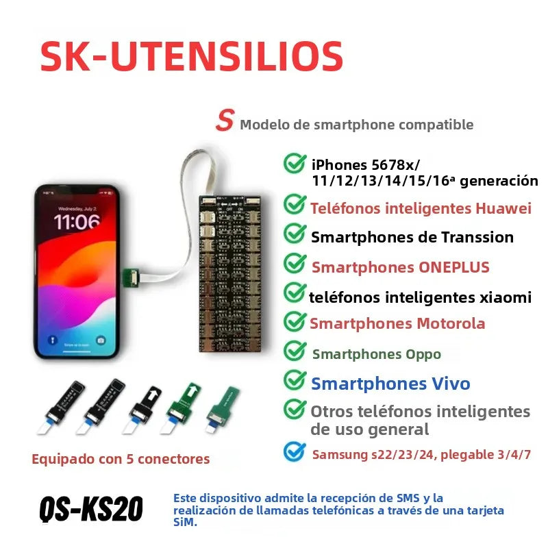 Lector de Tarjetas SIM Múltiples con 20 Ranuras, Adaptador de Tarjetas SIM Universal para Android y Apple, Expansión de Gran Capacidad