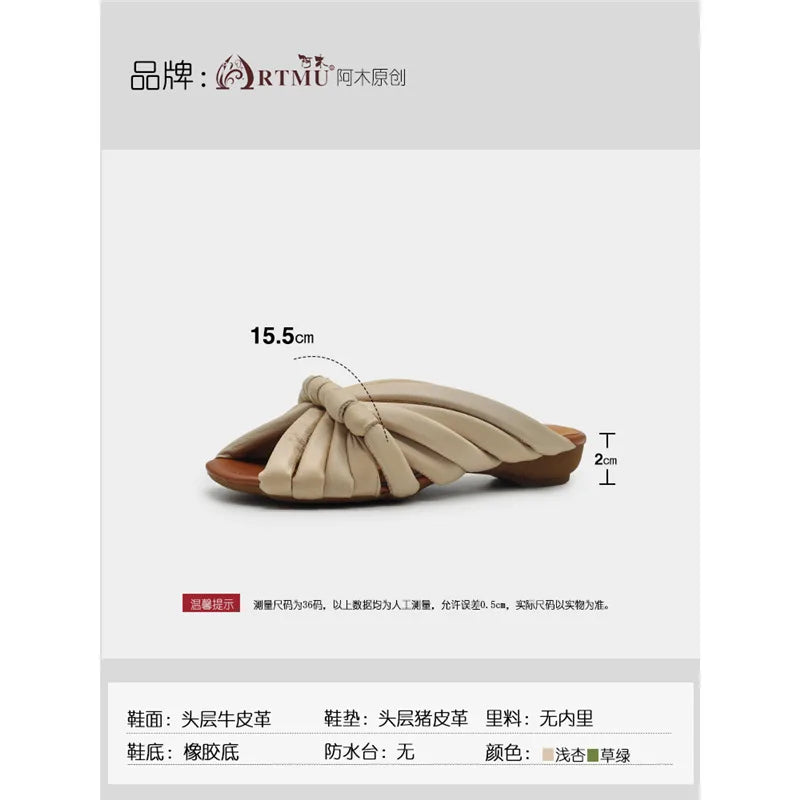 Sandalias Planas de Cuero Genuino para Mujer, Verano 2026, Diseño Abierto con Correa Anudada Única, para Uso en Exteriores
