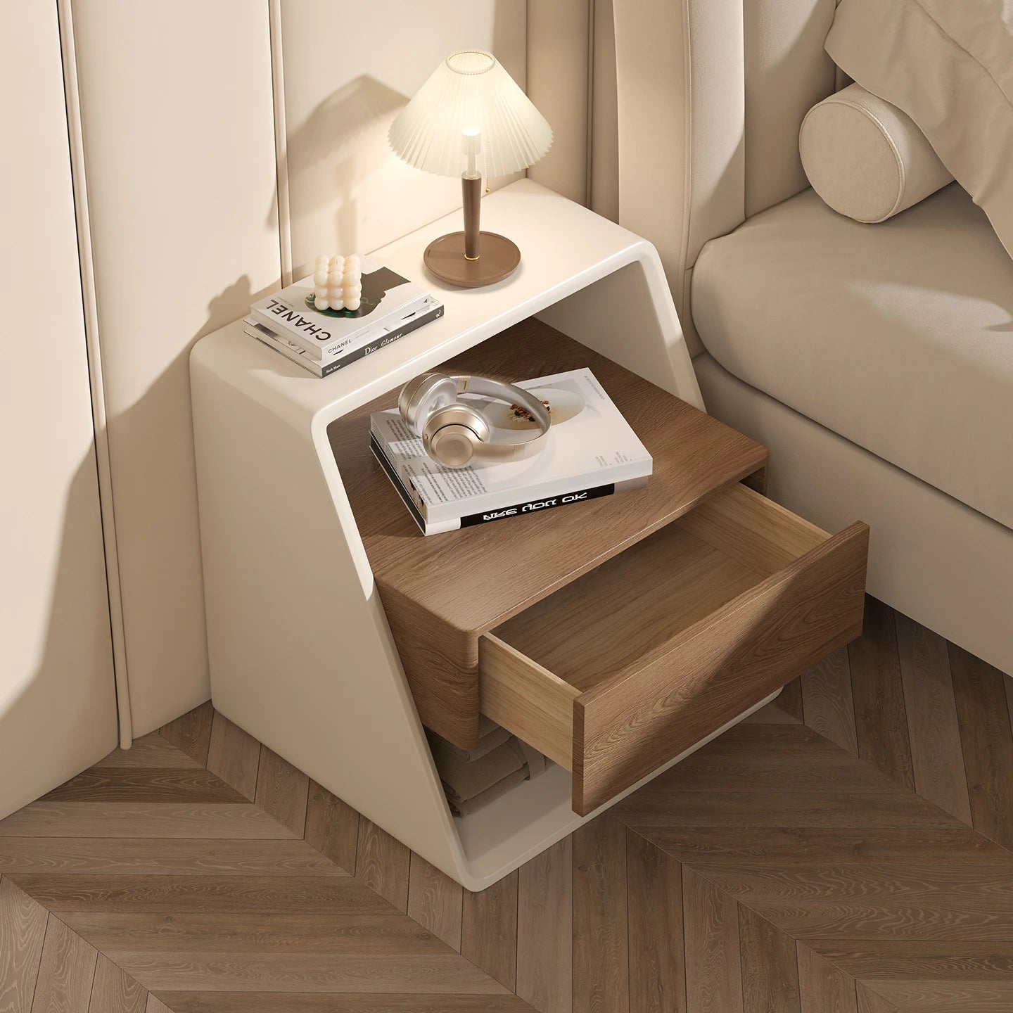 Mesita de noche minimalista italiana, madera maciza, crema, viento, pintura Simple y respetuosa con el medio ambiente, mesita de noche, mesa auxiliar creativa para dormitorio