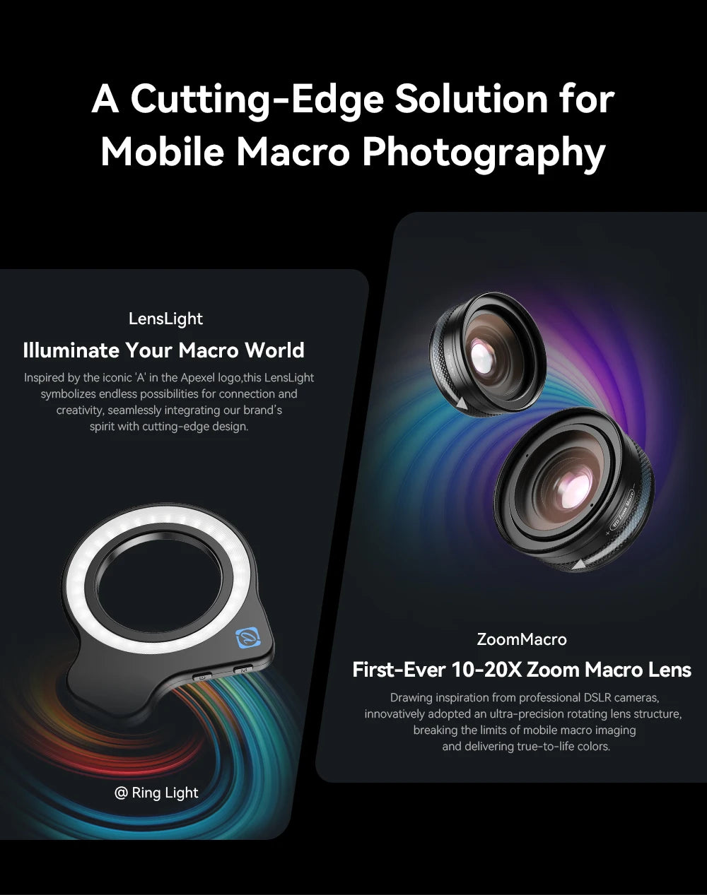 APEXEL 10-20X Zoom Macro lente HD Micro lentes de cámara de teléfono con luz de relleno LED para iPhone Samsung todos los teléfonos inteligentes Macro de pestañas