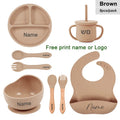 Juego de alimentación de silicona para bebé, plato de comedor redondo, cuenco con ventosa, platos para niños, vajilla con nombre personalizado, taza de paja, 8 Uds.