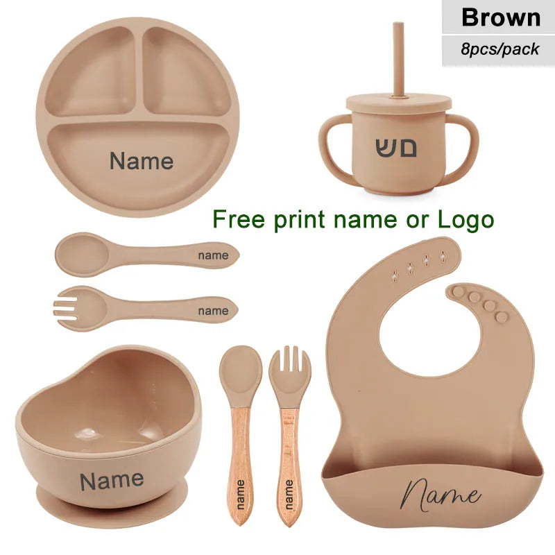 Juego de alimentación de silicona para bebé, plato de comedor redondo, cuenco con ventosa, platos para niños, vajilla con nombre personalizado, taza de paja, 8 Uds.