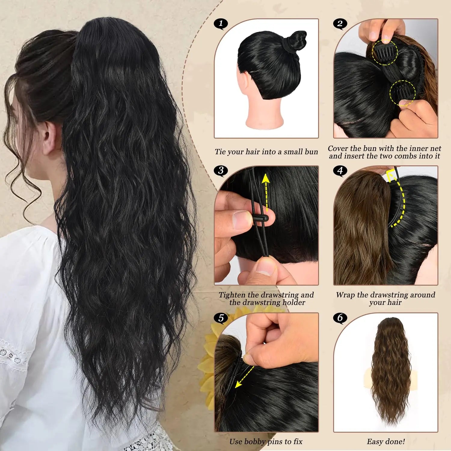 Extensión de cabello de cola de caballo ondulada y rizada larga para mujer, postizos de cola de caballo con cordón, cola de caballo falsa sintética, negro, Rubio y rojo