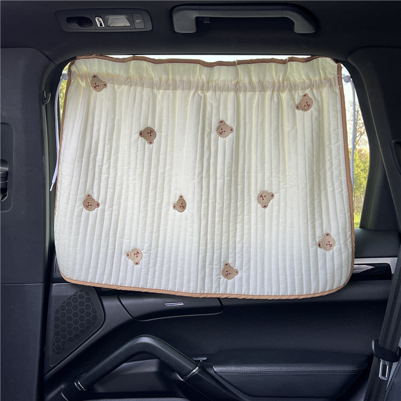 Parasol para ventana de coche de bebé, de algodón grueso bordado con dibujos animados, protección UV, ventosa, cortina deslizante instalada