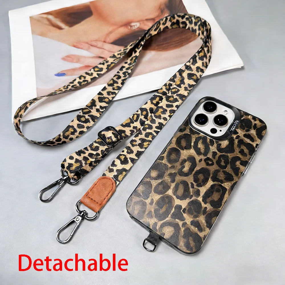 Correa cruzada para teléfono con estampado de leopardo, correa ajustable para el cuello, cuerda antipérdida con tarjeta universal para iPhone, Samsung, todas las fundas de teléfono