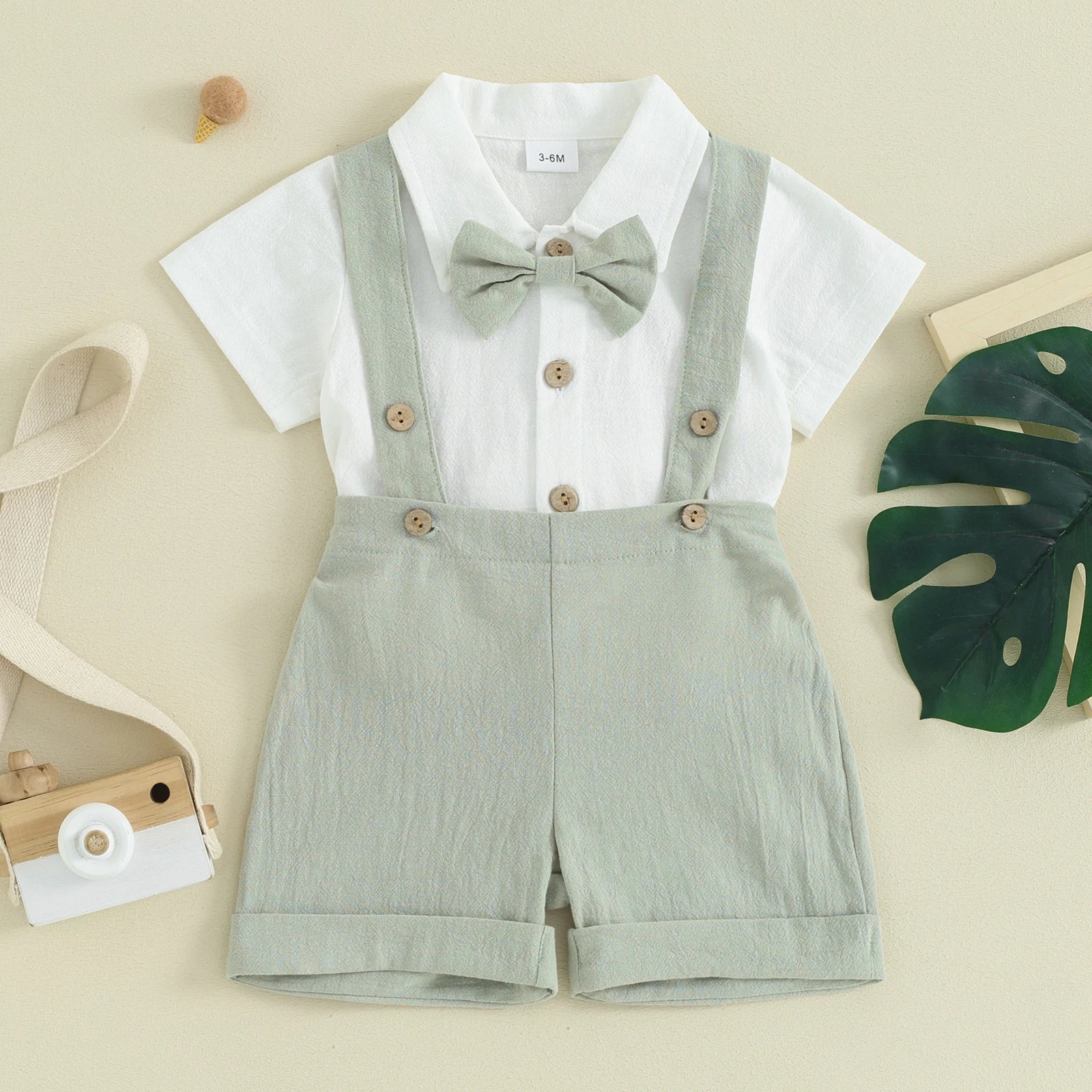 Pudcoco Conjunto de caballero para niño pequeño, pelele de manga corta de Color sólido con pajarita y monos, conjunto de pantalones cortos para uso formal de 0 a 24 meses