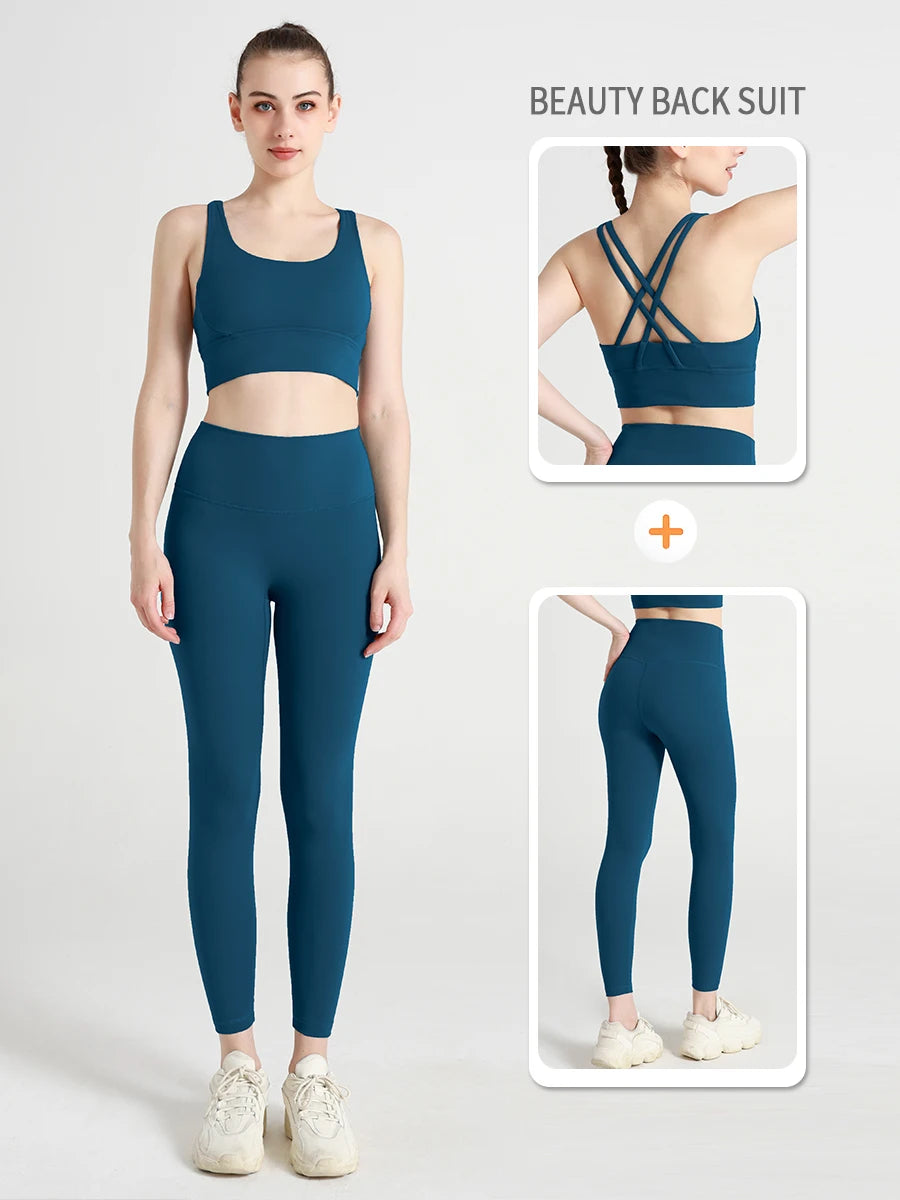 Ropa de Yoga de 2 piezas, chándal para mujer, ropa atlética, traje de Fitness para Pilates, entrenamiento de gimnasio, ropa de realce, Sujetador deportivo, traje de mallas