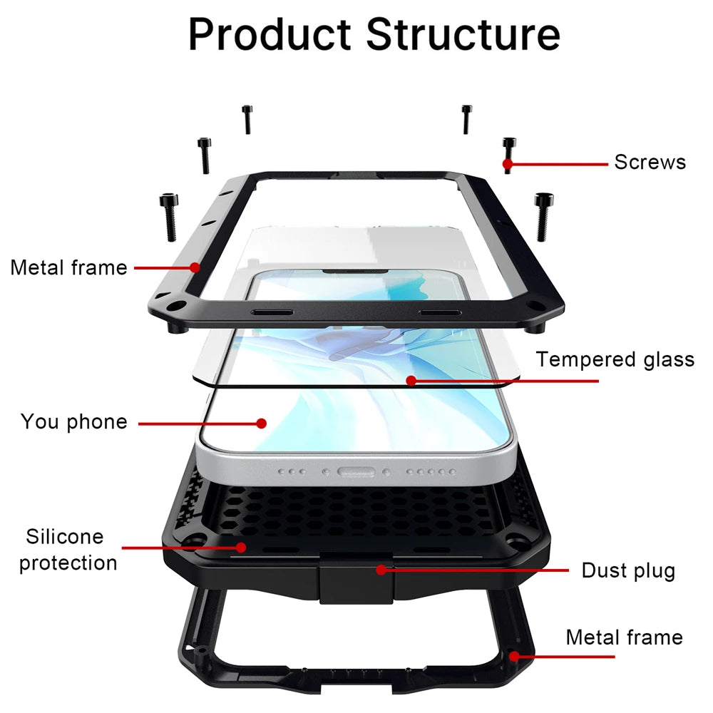 Funda protectora Armor resistente para iPhone 16 7 8 Plus XR Xs 11 12 13 15 16 Pro Max 14 Plus SE 360 cubierta de tanque de Metal a prueba de golpes
