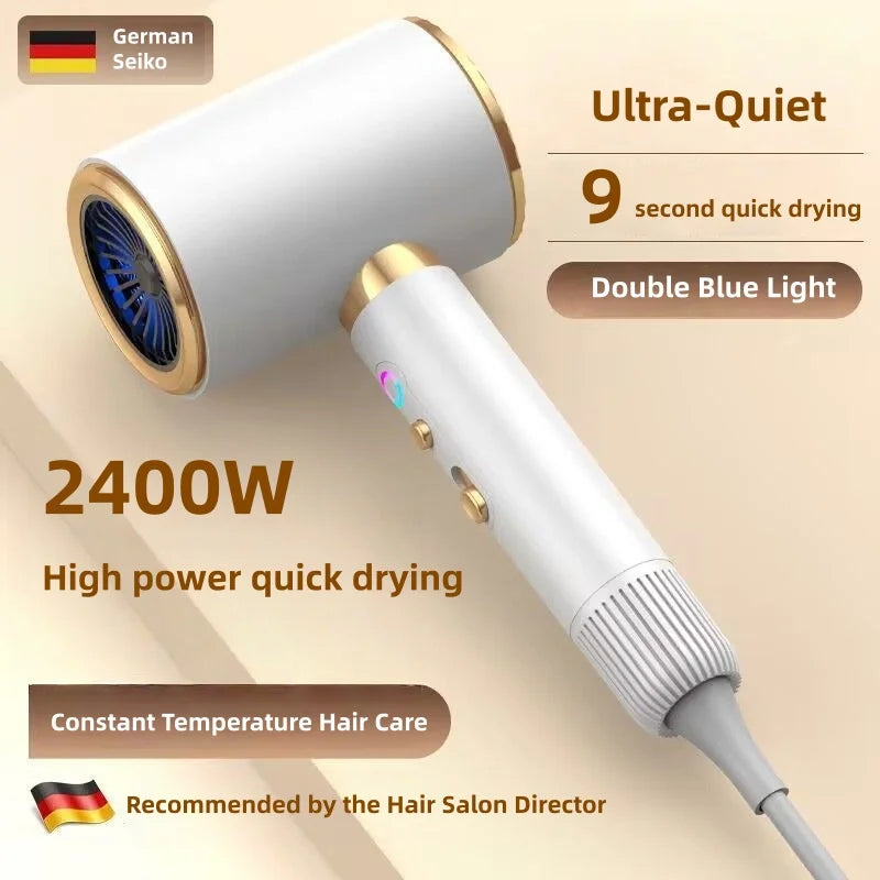Secador de Pelo de Alta Velocidad 2026, 2400W de Alta Potencia, Iones Negativos Azules, Ultra Silencioso, para Salón de Belleza y Hogar, Enchufe US/EU/UK/AU