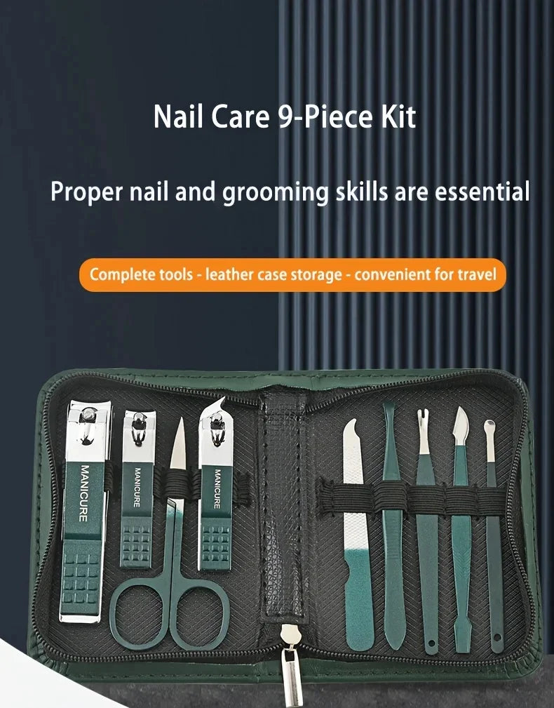 Kit de 9 Piezas para el Cuidado de las Uñas, Portátil, con Cortaúñas, Corta Cutículas, Tijeras para Uñas de los Pies, Lima para Uñas, Pinzas, Ideal para Viajes y el Hogar