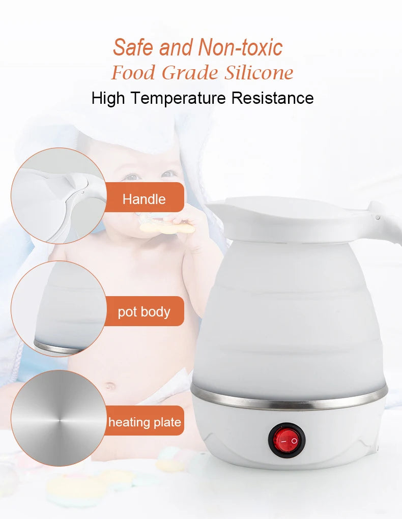 Tetera plegable y portátil, calentador de agua de 600ML, hervidor de agua eléctrico de viaje para el hogar, electrodomésticos de cocina de 220V, olla de agua hirviendo