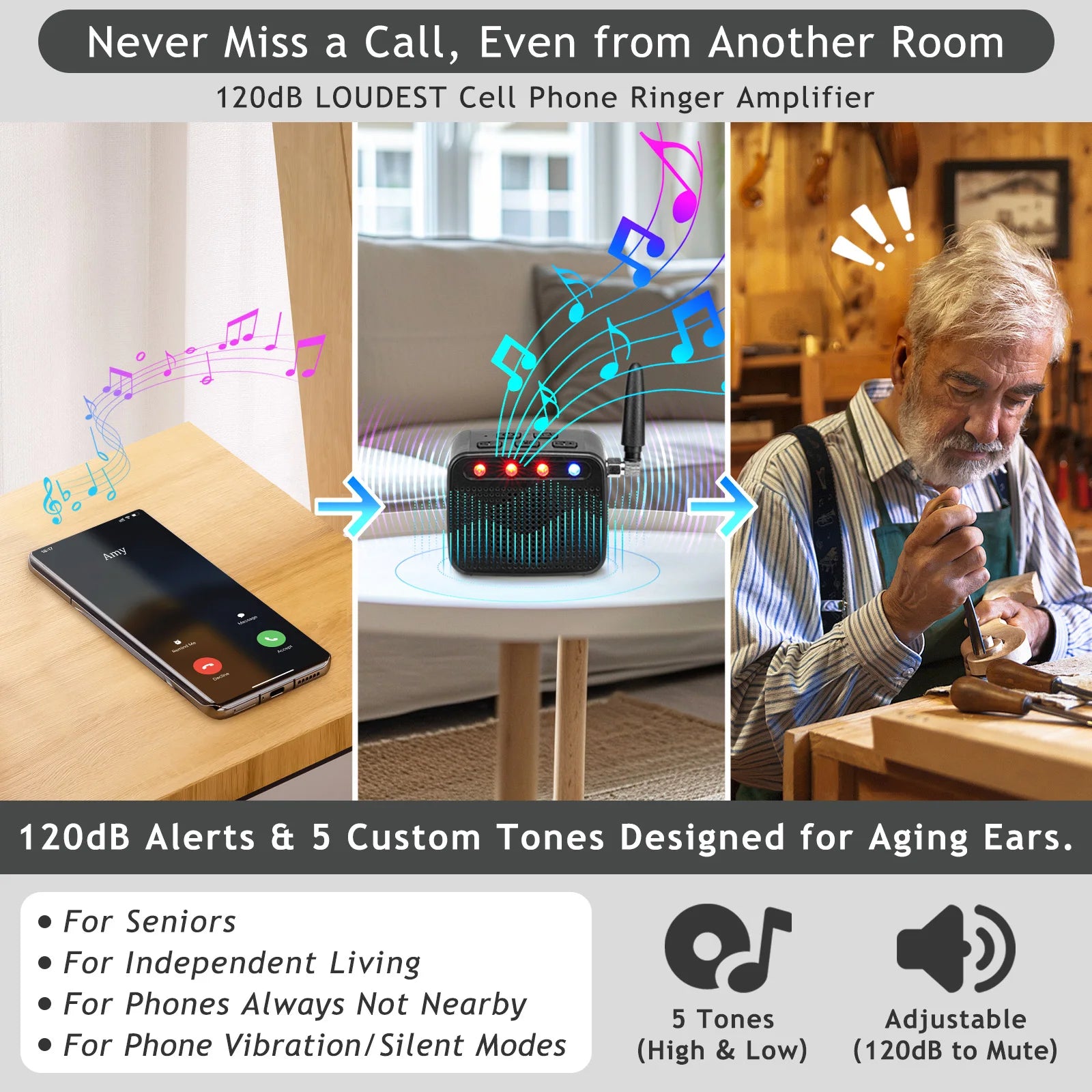 Timbre externo Earpanda para teléfono celular, timbre con luz para personas con discapacidad auditiva - Tonos de llamada de 120 dB, luz intermitente brillante