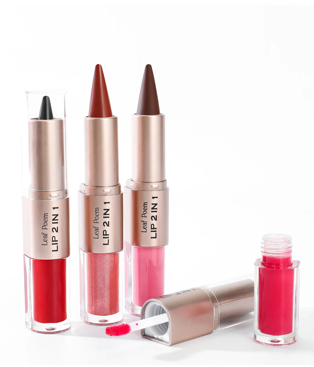 Delineador de labios cónico negro y marrón, lápiz de contorno, espejo de doble cabeza, brillo de labios de cristal, maquillaje de tinte de labios rojos sexis
