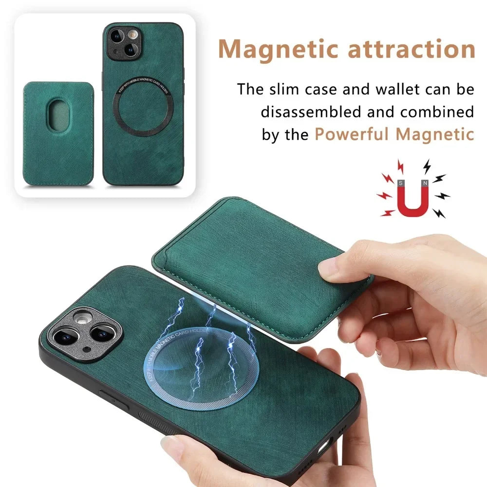 Funda de Cuero Vintage con Tarjetero Magnético Desmontable para iPhone 11 12 13 14 15 16 17 Pro Max Plus, Funda Protectora