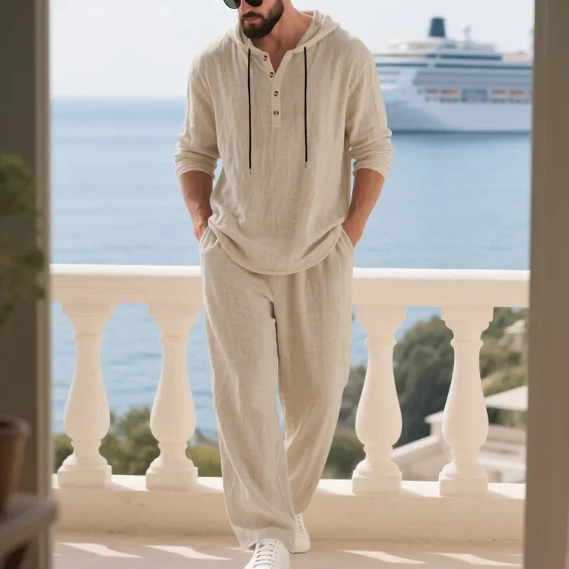 Conjunto informal holgado de lino para hombre, camisa Henry de manga larga y pantalones largos, conjunto cómodo y transpirable a la moda para otoño 2025