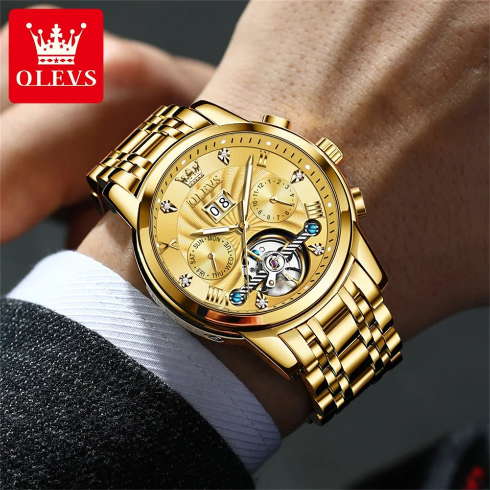 OLEVS 9910 Reloj para hombre Tourbillon de lujo Original Reloj mecánico automático Reloj luminoso resistente al agua con fecha y día con caja Reloj