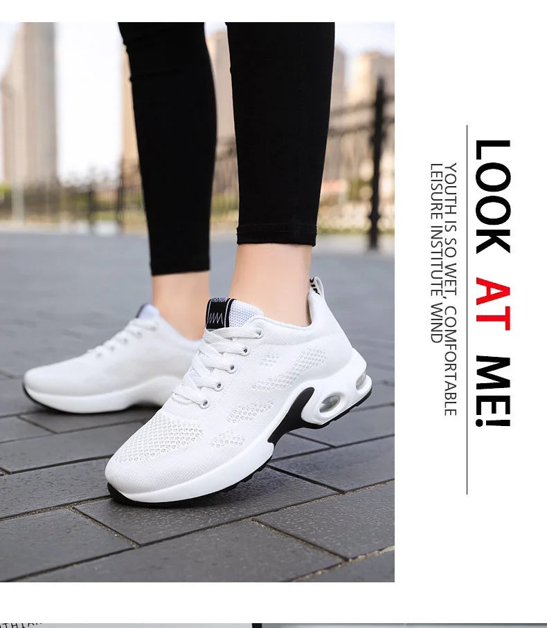 Zapatos deportivos transpirables con amortiguación de aire para mujer, zapatillas informales con cordones cruzados y tacón plano con punta redonda de estilo coreano