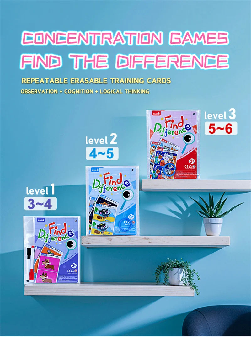 Juego de rompecabezas reutilizable Find The Difference, enfoque borrable y regrabable y entrenamiento de observación, juguete para el desarrollo del cerebro para niños