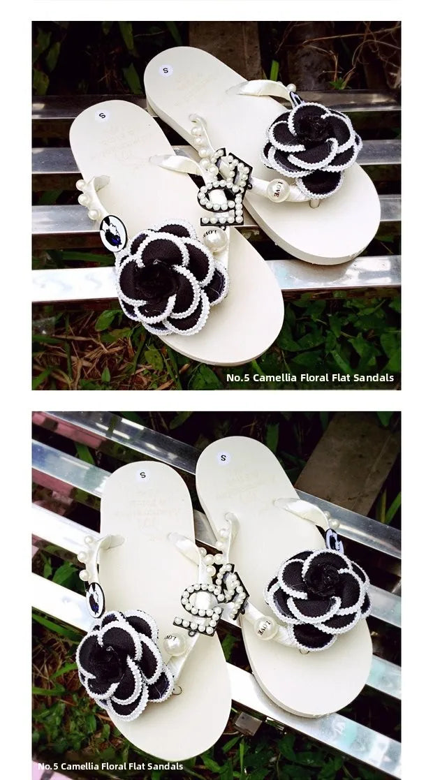 Sandalias Hechas a Mano con Suela Plana Antideslizante, Decoradas con Perlas, con Diseño de Flor de Camelia, Chanclas de Play...