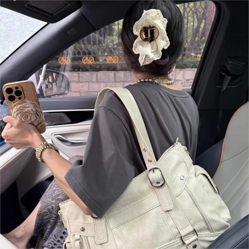 Bolso de mano con tachuelas Vintage para chica, bolso de hombro de gran capacidad con textura de cuero para mujer, bolso cruzado de viaje de estética Y2k