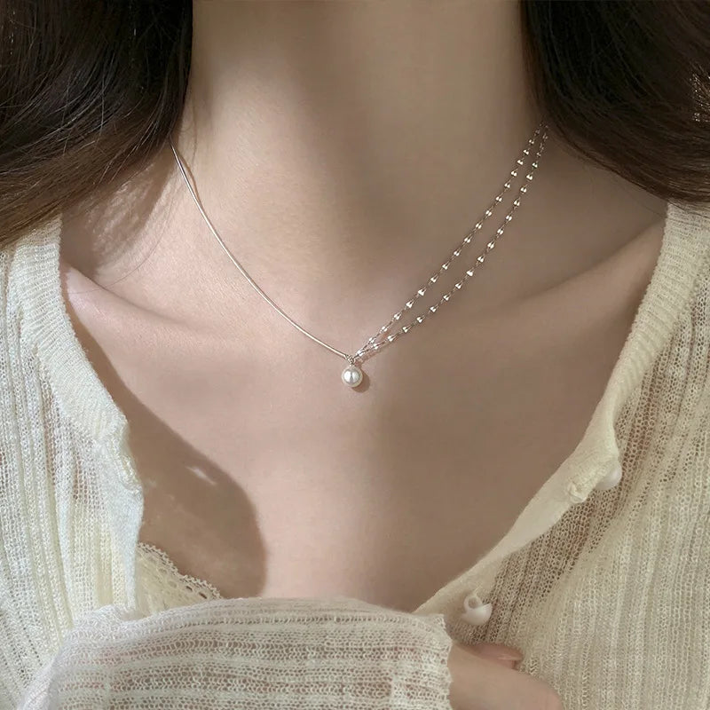 Collar de perlas de doble capa de Plata de Ley 925 con temperamento brillante, collar de cadena asimétrico, joyería de moda ﻿