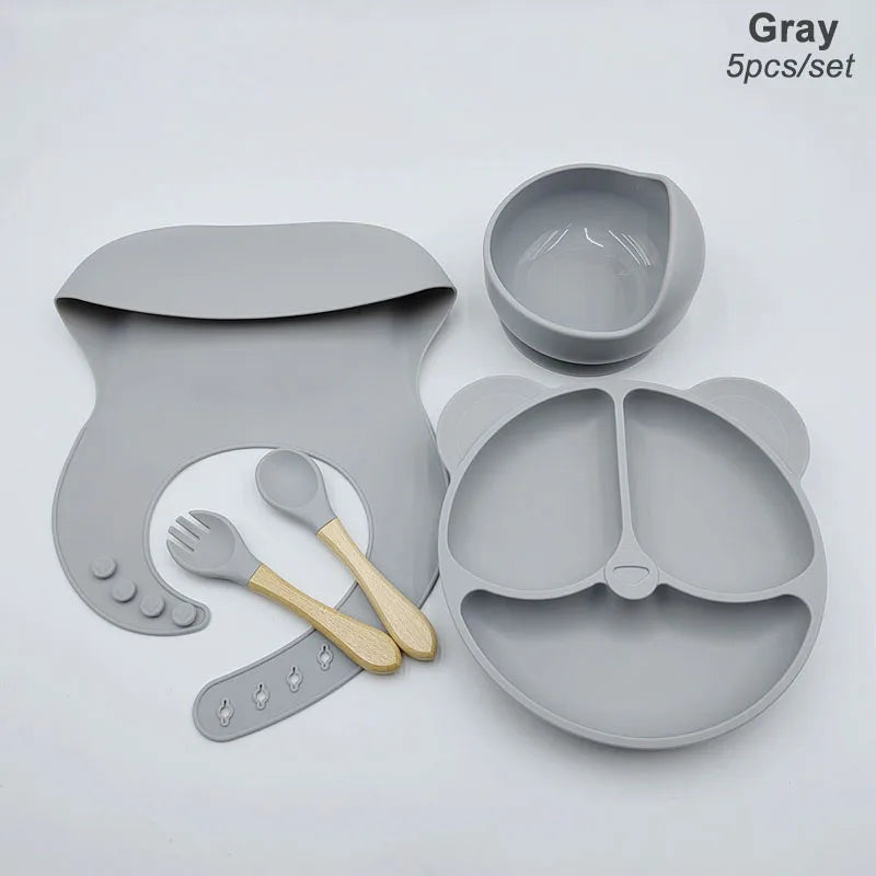 Vajilla de silicona para niños, juego de alimentación de bebé, plato de dibujos animados, nombre personalizado, taza con ventosa, plato, babero, regalo para recién nacido, 8 Uds./5 uds.