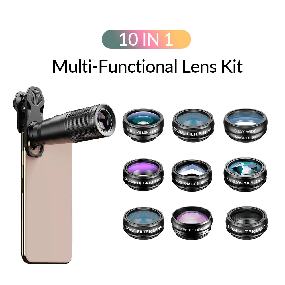 APEXEL-Kit de lentes para teléfono móvil, teleobjetivo 22X, ojo de pez, lente Macro gran angular, filtros de flujo de estrella CPL para todos los teléfonos inteligentes, 10 en 1